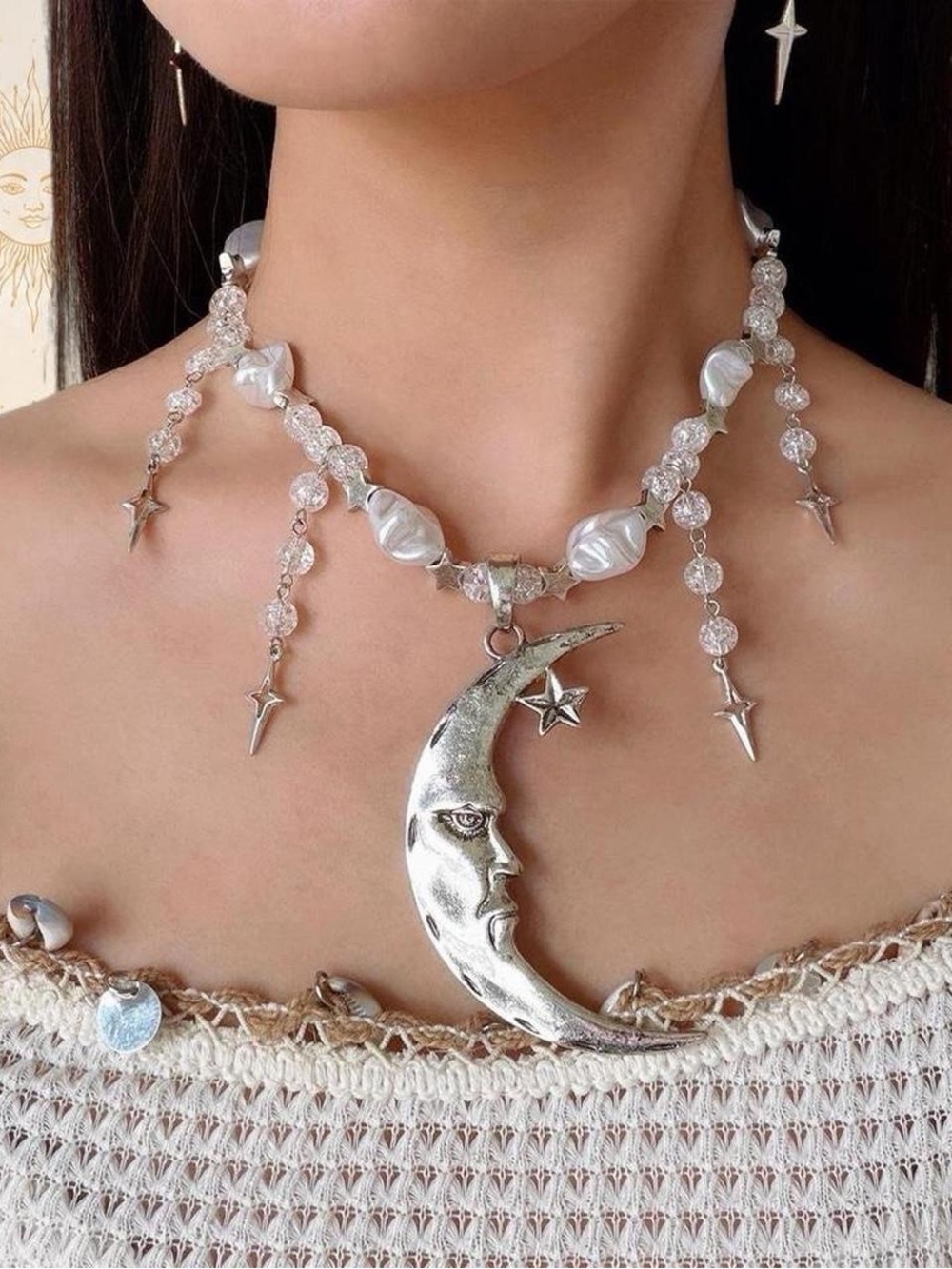 Silver Gothic Large Moon Stars Beads Pearl Celestial Punk Boho Choker Necklace
